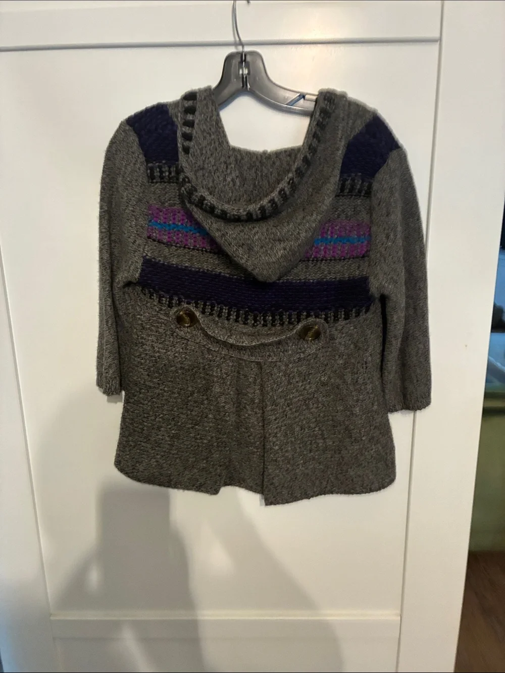 Free People Gray Hooded Knit Cardigan with Purple Trim
